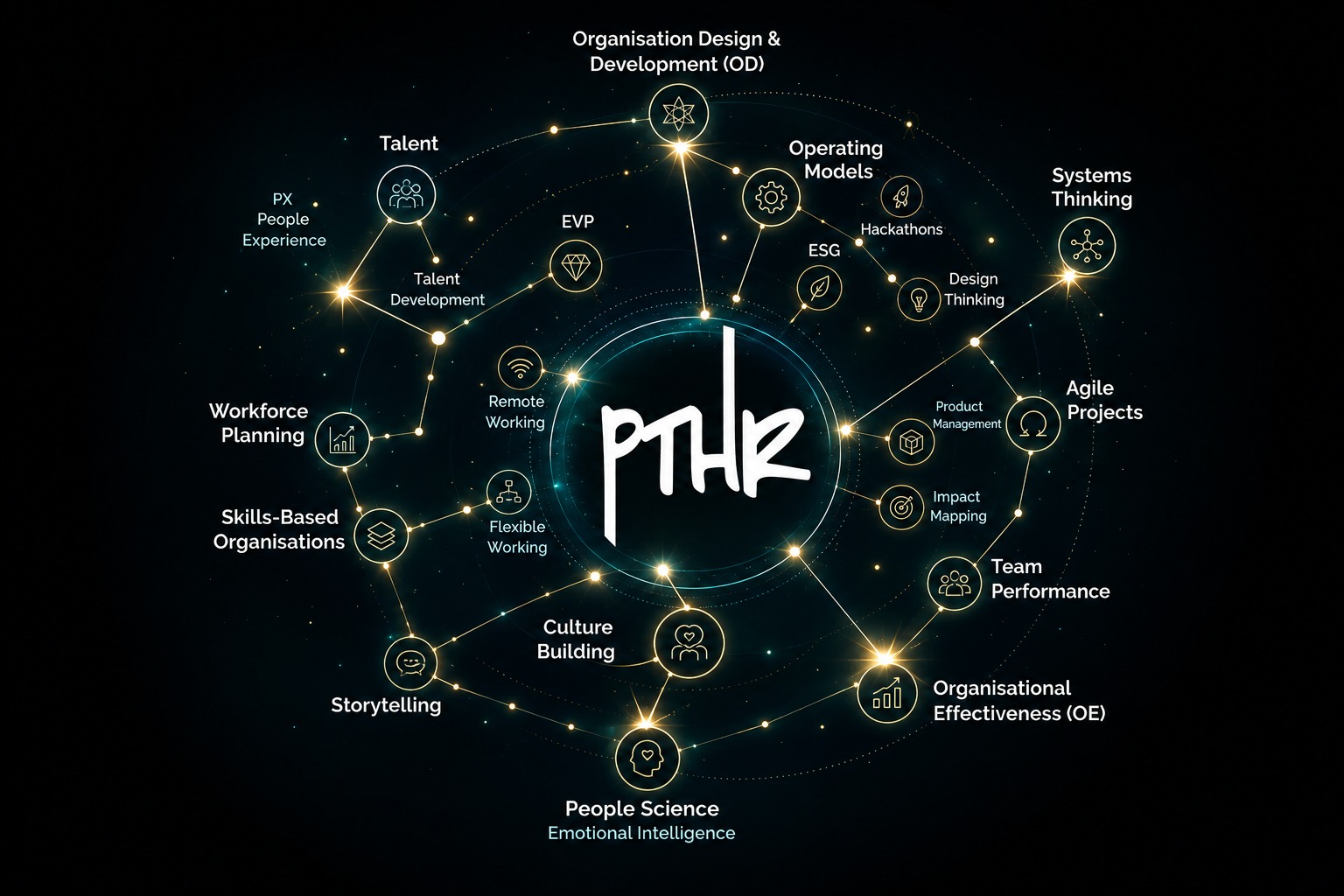 The PTHR service constellation — organisation design, operating models, systems thinking, talent, culture and people science mapped as a constellation